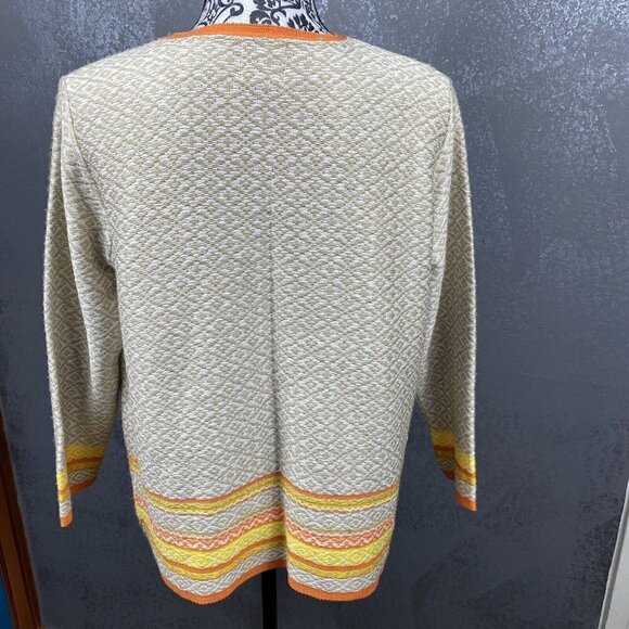 Ruby Rd Orange Yellow Brown Knit Fringe Trim Open Cardigan. Size Large - Picture 8 of 10
